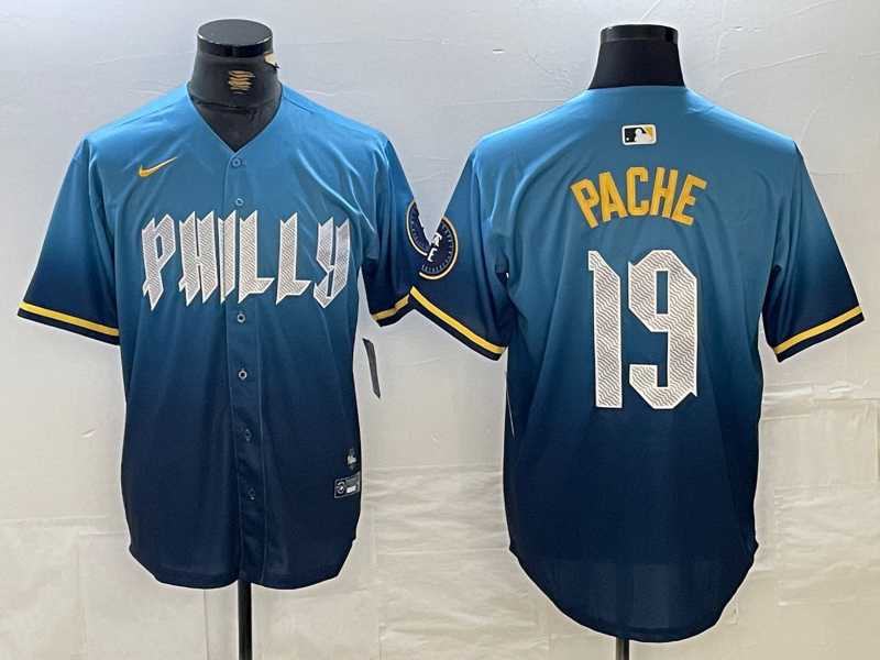 Mens Philadelphia Phillies #19 Cristian Pache Blue 2024 City Connect Limited Stitched Jersey